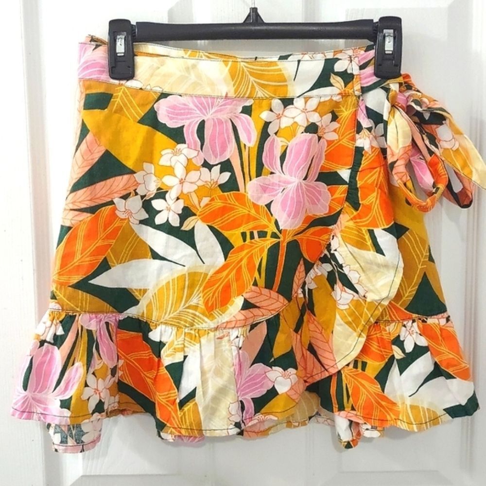 Aerie Linen Cotton Wrap Mini Skirt Beachy Resort Floral Size S
